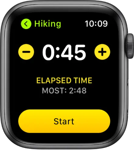 The goal screen showing the time near the top, with – and + buttons on either side, and the Start button at the bottom.
