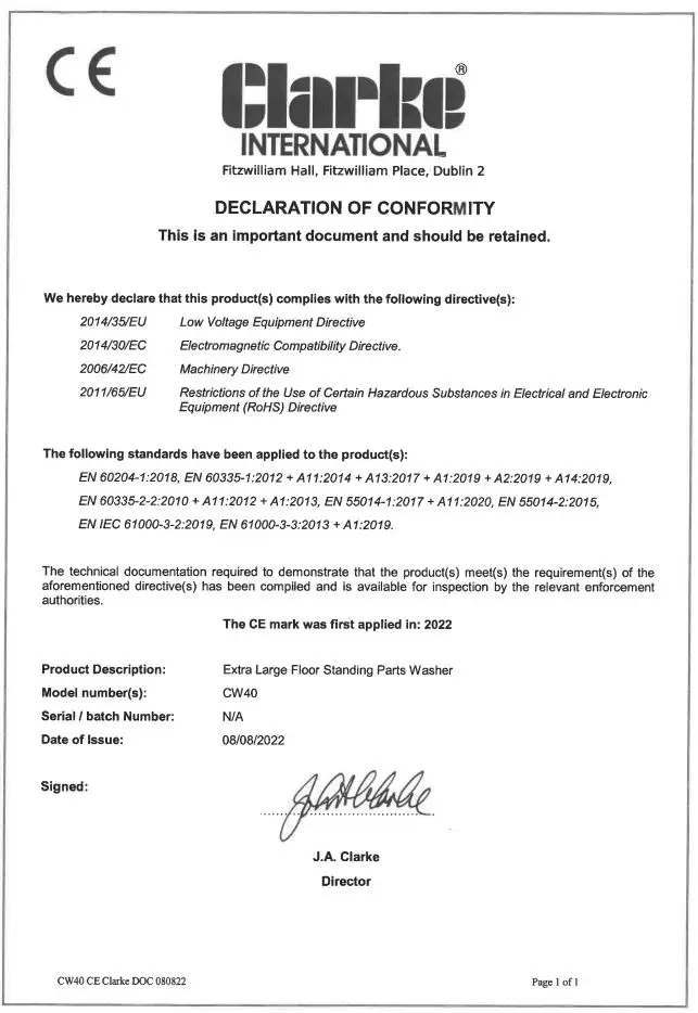 Clarke CW40 Parts Washer Instruction Manual - DECLARATION OF CONFORMITY