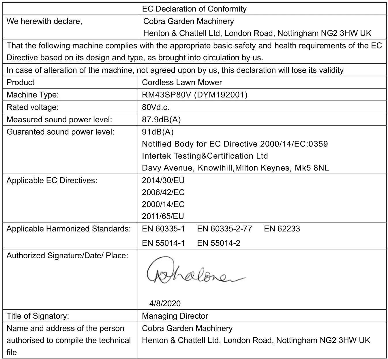 COBRA RM43SP80V Lawn Mower - EC-DECLARATION OF CONFORMITY