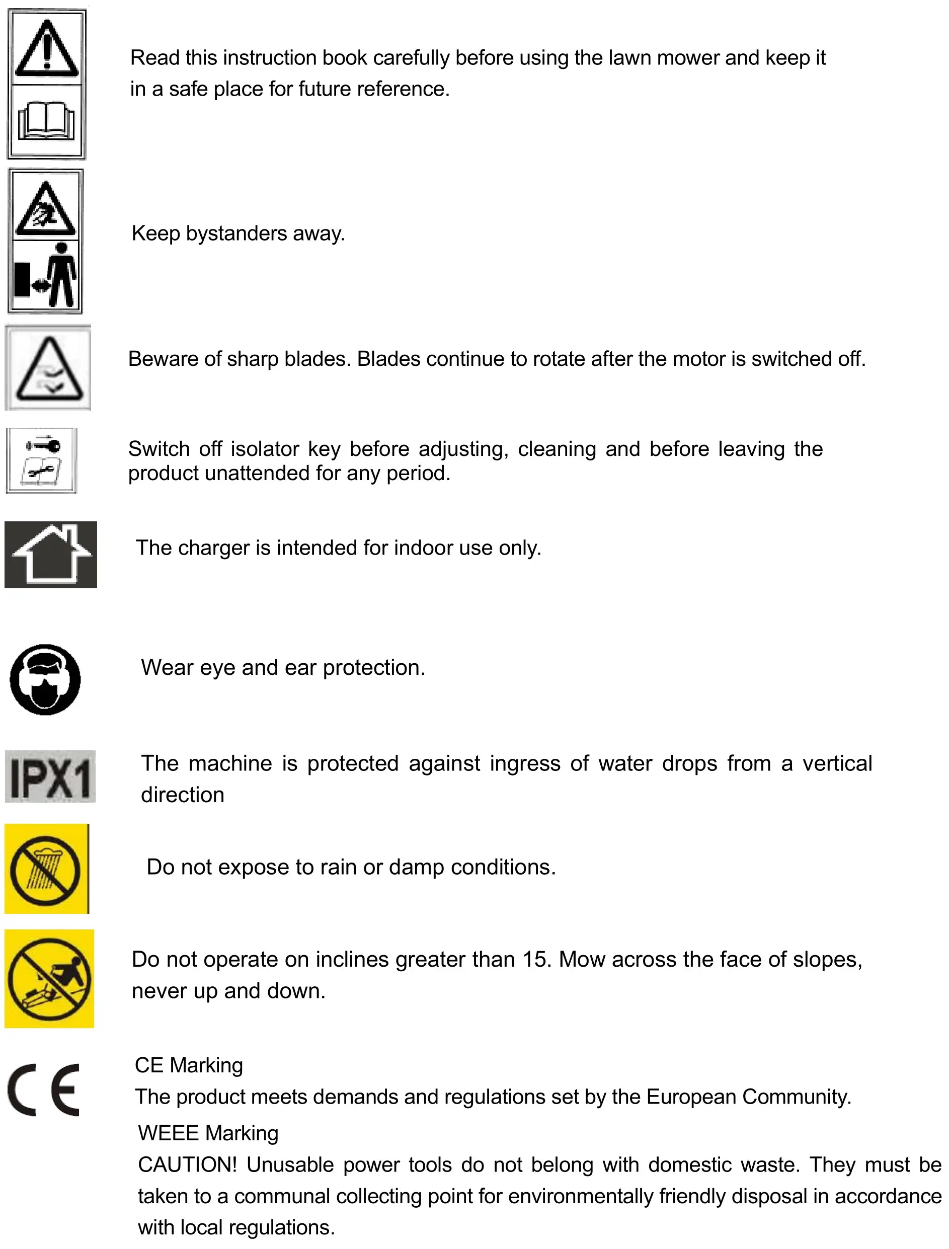 COBRA RM43SP80V Lawn Mower - SYMBOLS MARKED ON THE PRODUCT