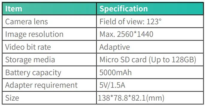 sv3c CQ1-CG522 Wireless Battery Camera Instruction Manual - Product specification