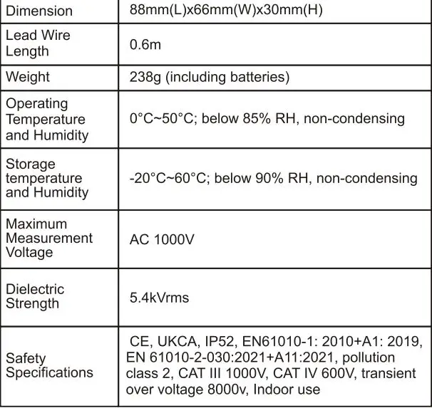 UNI-T UT262E Phase Detector User Manual - Technical Specification