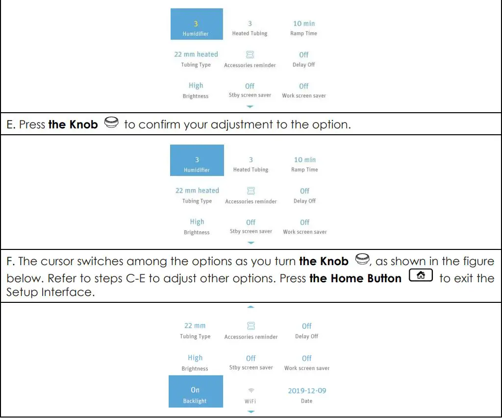 REACT HEALTH LG3500 Luna G3 CPAP Machine User Guide - Adjusting Device Settings