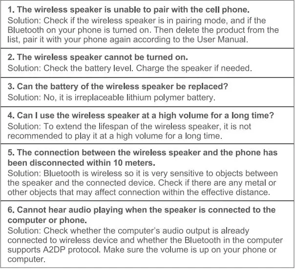 MINISO EBS1003 Fabric Covered Cylinder Wireless Speaker User Manual - Troubleshooting