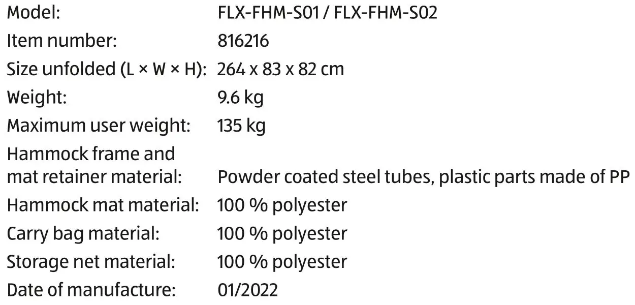 ALDI 806163461609800 Hammock with Foldable Frame - Technical data