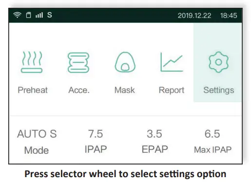 Press selector wheel to select settings option