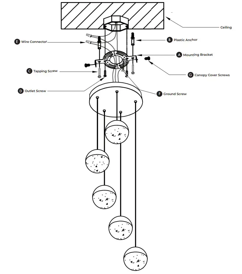 VONN VAC3285 LED Chandelier Lighting Fixture with Globe Shades - Diagram