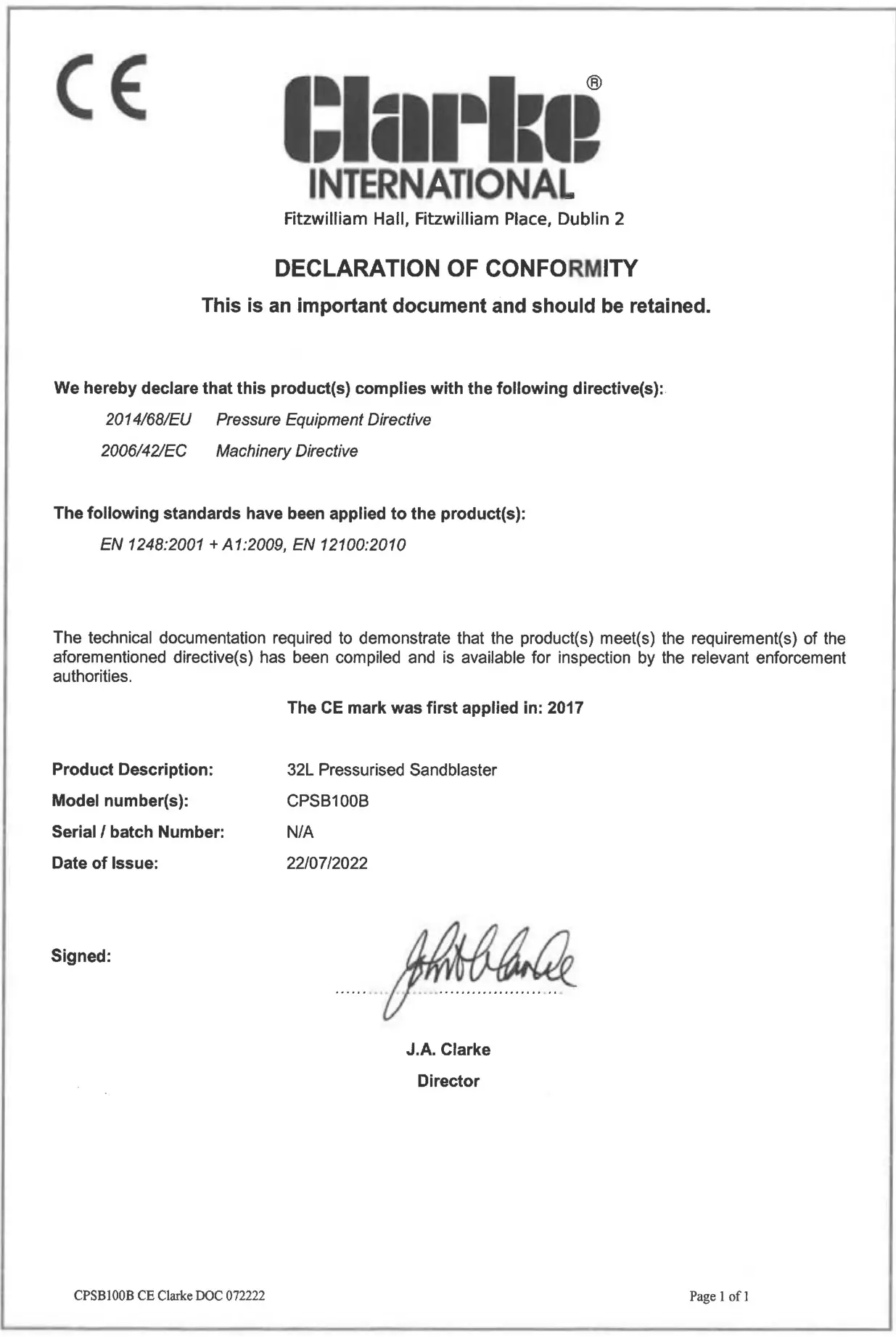 Clarke CPSB100B Pressurised Sandblaster - DECLARATION OF CONFORMITY 2