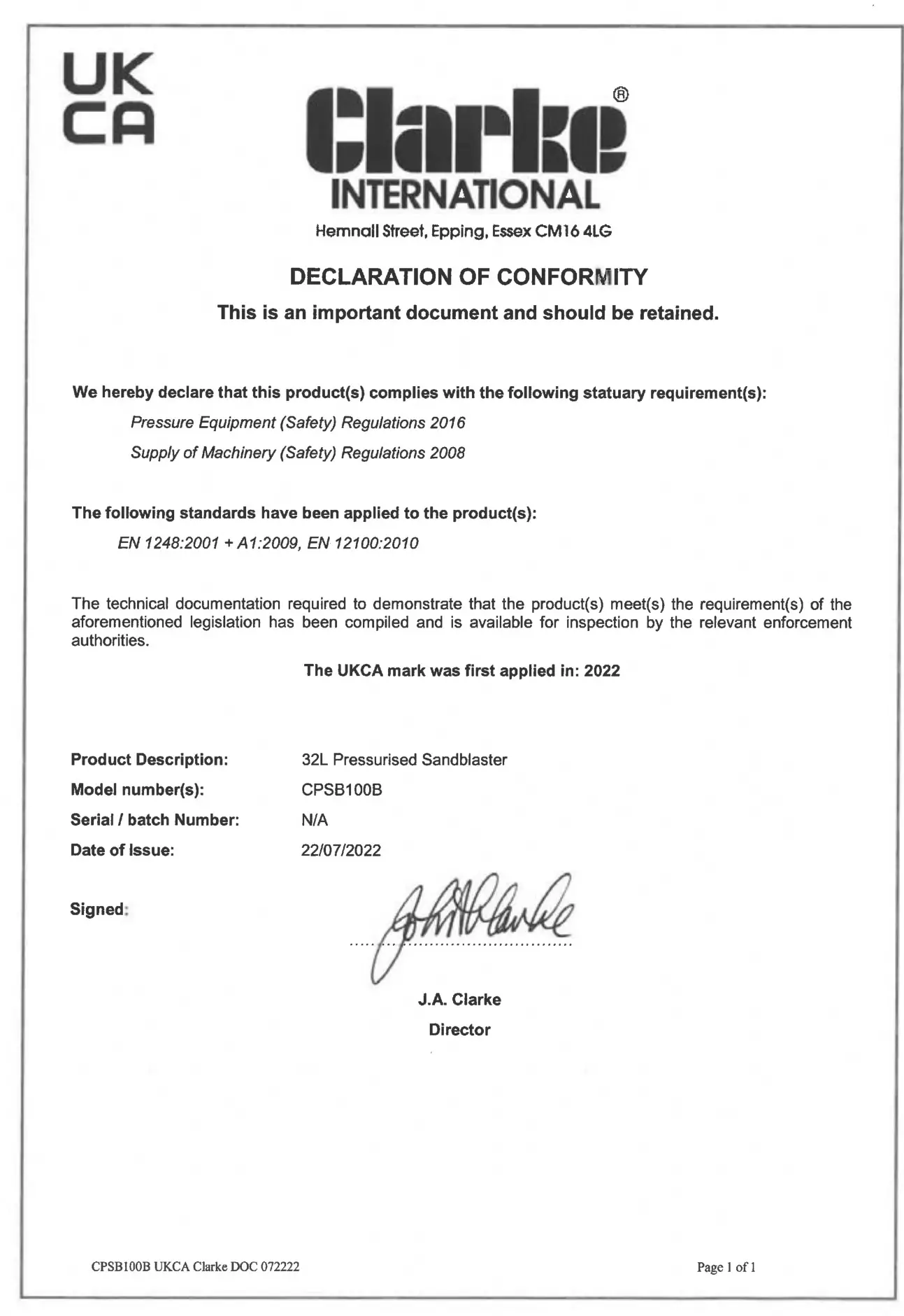 Clarke CPSB100B Pressurised Sandblaster - DECLARATION OF CONFORMITY