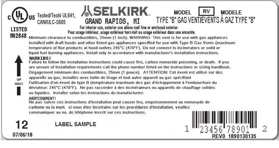 SELKIRK RV (3” to 8”) Type B Gas Vent-1
