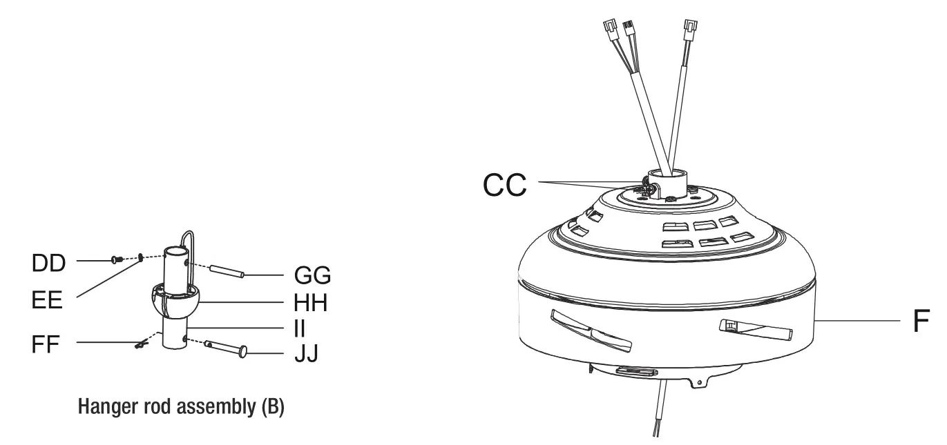 HAMPTON BAY FC120-CARL 48-Inch LED Indoor Air Filtering Ceiling Fan - Install the hanger rod assembly