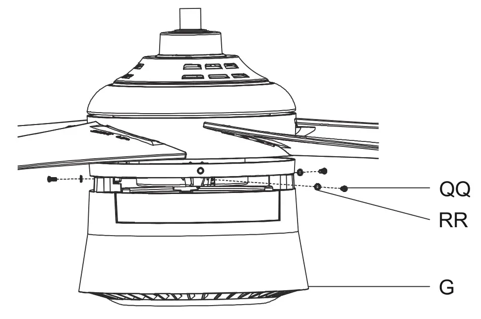 HAMPTON BAY FC120-CARL 48-Inch LED Indoor Air Filtering Ceiling Fan - Tightening the screws (QQ) and the external washers (RR).