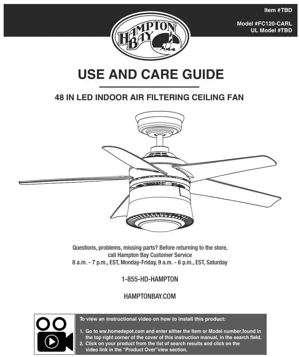 HAMPTON BAY FC120-CARL 48-Inch LED Indoor Air Filtering Ceiling Fan User Guide