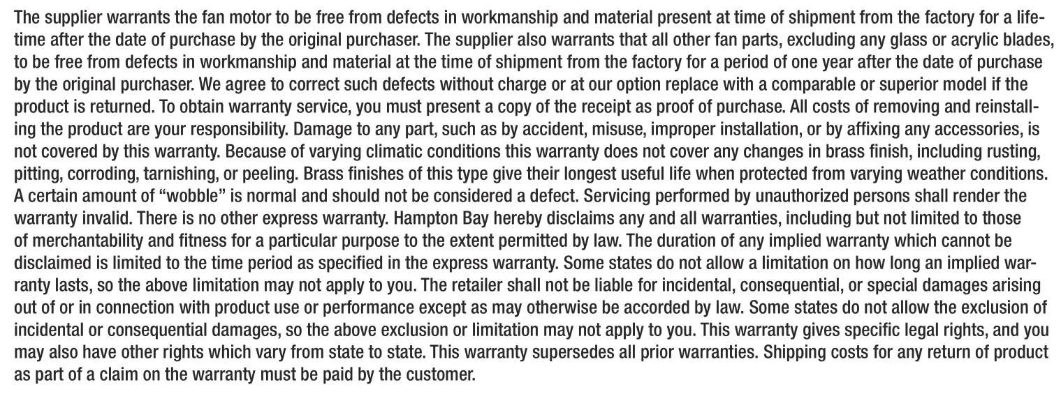 HAMPTON BAY FC120-CARL 48-Inch LED Indoor Air Filtering Ceiling Fan - Warranty
