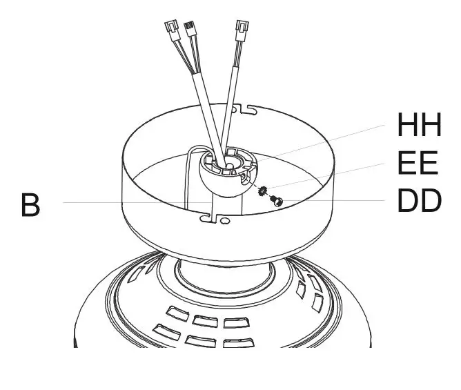 HAMPTON BAY FC120-CARL 48-Inch LED Indoor Air Filtering Ceiling Fan - ighten the hanger ball (HH) on the hanger rod (B)