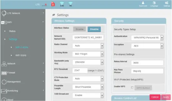 Gemtek WLTFGT 145ACN LTE Indoor CPE - WiFi Setting 2