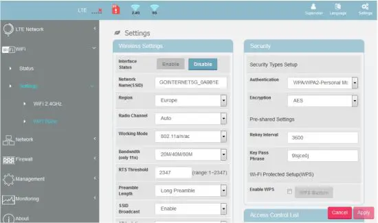 Gemtek WLTFGT 145ACN LTE Indoor CPE - WiFi Setting 3