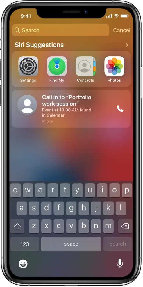 The Lock Screen on iPhone. The apps Settings, Find My, Contacts, and Photos appear below “Siri Suggestions.” Below the app suggestions is a suggestion to call in to Portfolio work session, which is an event found in Calendar.