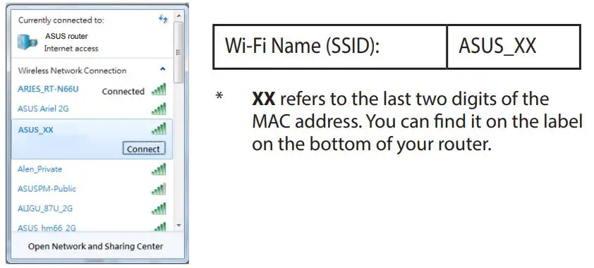 ASUS RT-AX53U Wireless-AX1800 Dual Band WiFi 6 Router User Guide - Connect to the network with SSID shown on the product label on the bottom side of the router
