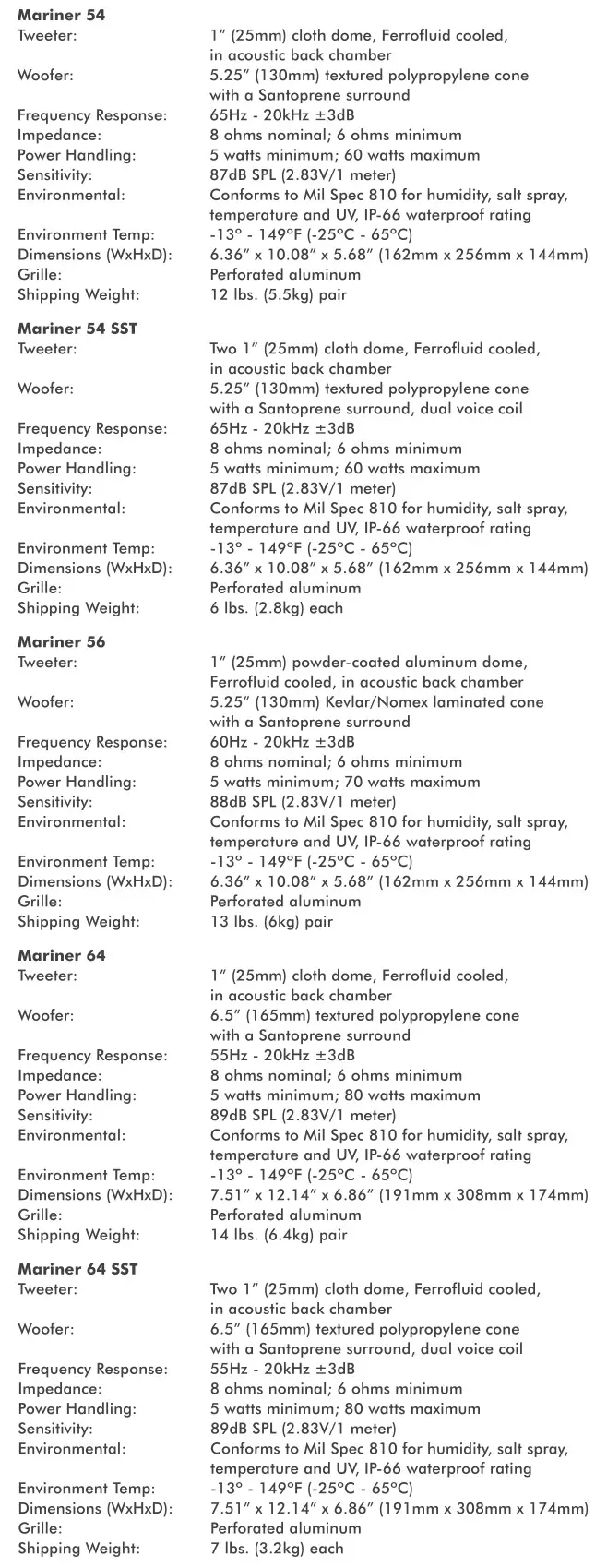 Sonance Mariner Outdoor Speakers - SPECIFICATIONS 1