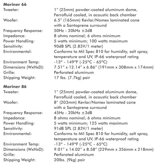 Sonance Mariner Outdoor Speakers - SPECIFICATIONS 2