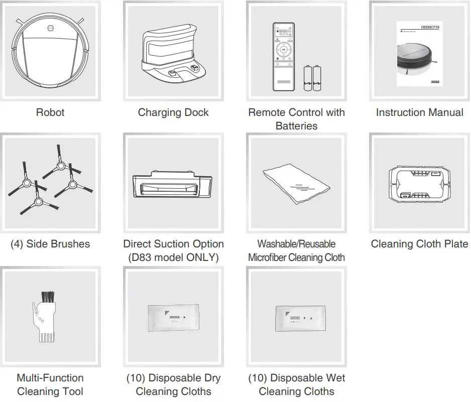 ECOVACS Deebot 8 Robot Vacuum Cleaner Instruction Manual - Package Contents