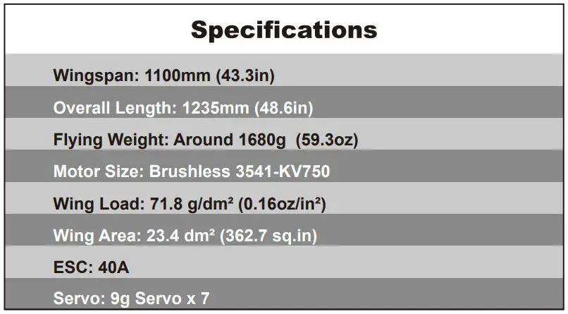 FMS Pilatus 1100MM Instruction Manual - Specifications