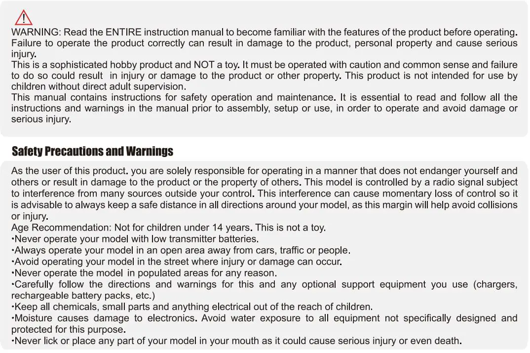 FMS Pilatus 1100MM Instruction Manual - Safety Precautions & Warning