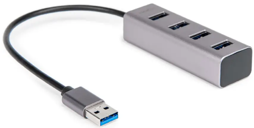 rocstor Y10A216-S1 Portable 4 Port Hub USB-A to 4x USB-A SuperSpeed USB 3.0 Aluminum Gray Silver