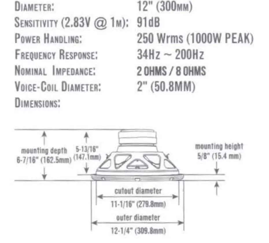 JBL Stage 122D Subwoofer - SPECIFICATIONS