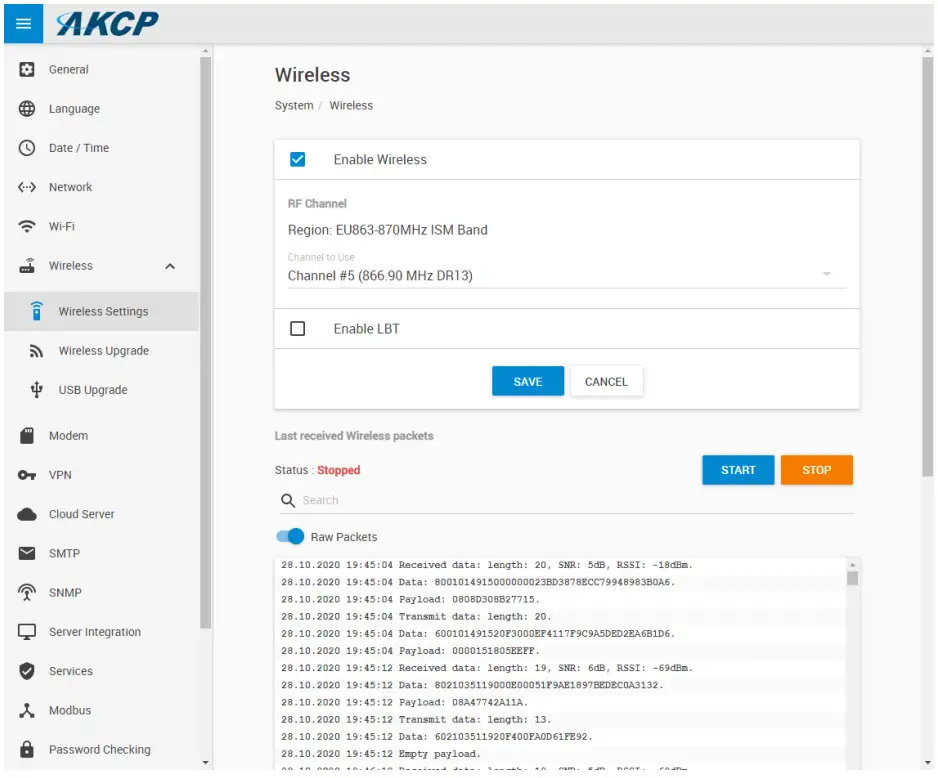 AKCP WT AQS Wireless Tunnel Air Quality Sensor - Settings menu