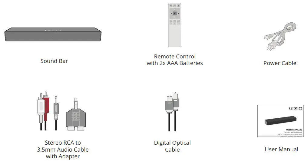 VIZIO 20″ 2.0 Channel Sound Bar - PACKAGE CONTENTS