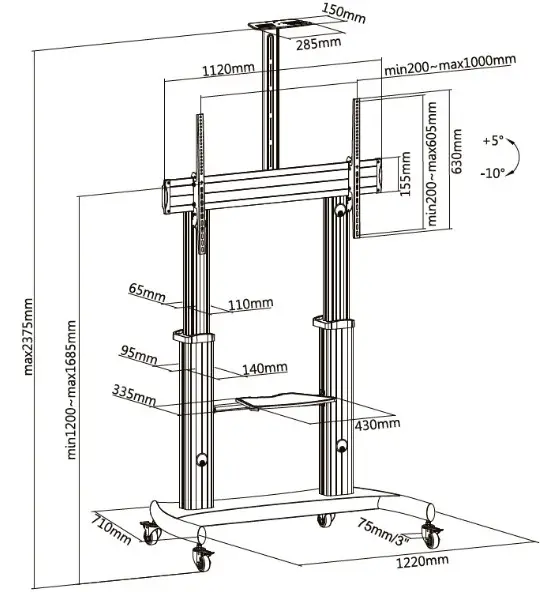 StarTech STNDMTV100 Mobile TV Cart and Stand - Product Diagram 3