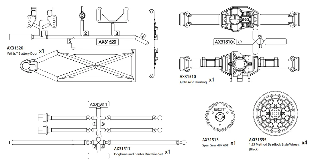 axial YETIJR. CAN-AM Maverick X3 X RS TURBO R RC Car - PART LIST