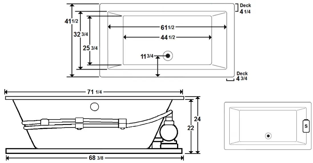 Laurel Mountain 7242FW064 Farrell 5 72 Inch x 42 Inch Drop In Acrylic Whirlpool - dimensions