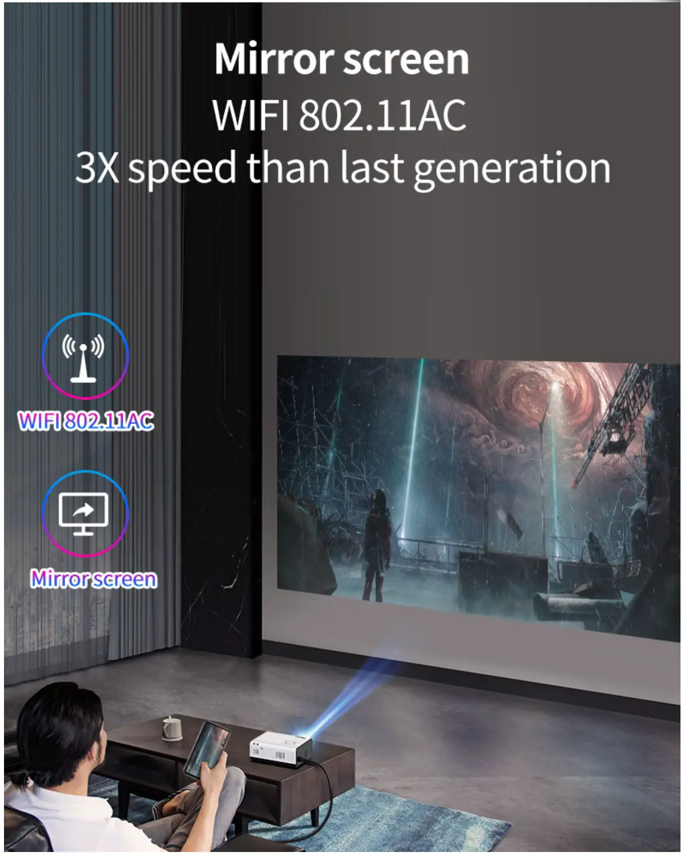 LEMONDA T1A LCD Portable Projector - Mirror screen wifi 802.11ac 3x speed than last generation
