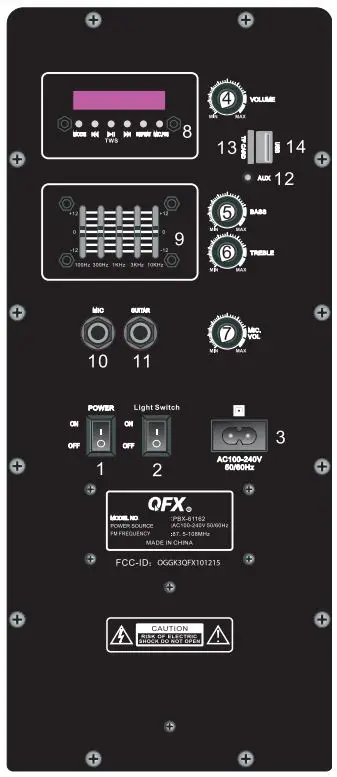 QFX PBX-61162 5 Inch Portable Bluetooth Party Loudspeaker Instruction Manual - Control Panel