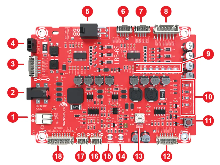 DAYTON-AUDIO-LBB-6S-25-VDC-6x18650-Battery-Holder-Charger-Board-fig-1