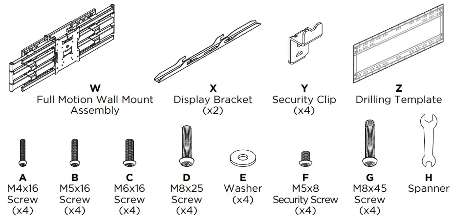 ATDEC AD WM 9080 Full Motion Wall Mount 9080 - COMPONENT CHECKLIST