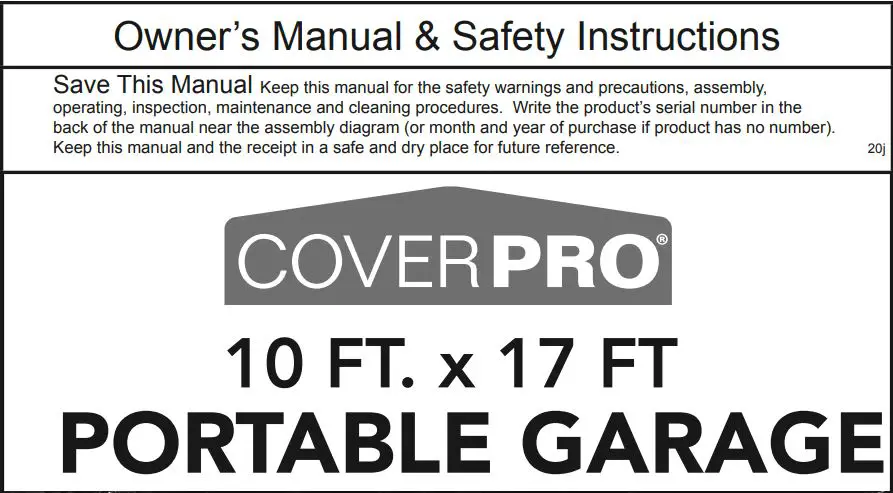Harbor Freight COVER PRO 10FTx17FT Portable Garage 62860 Owner's Manual