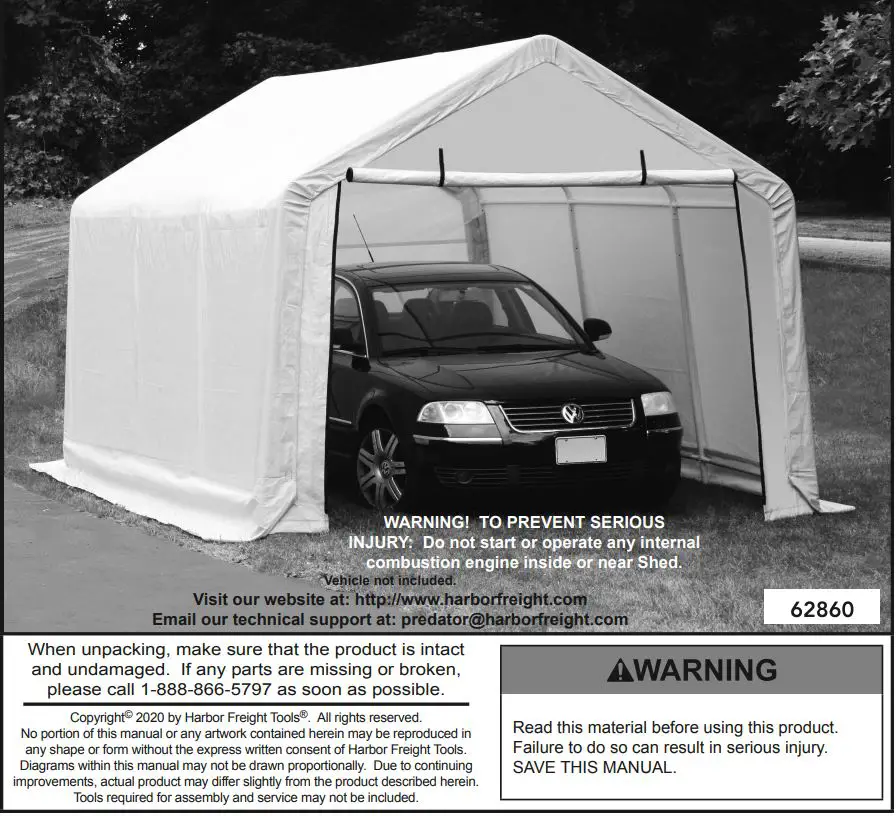 Harbor Freight COVER PRO 10FTx17FT Portable Garage 62860 Owner's Manual