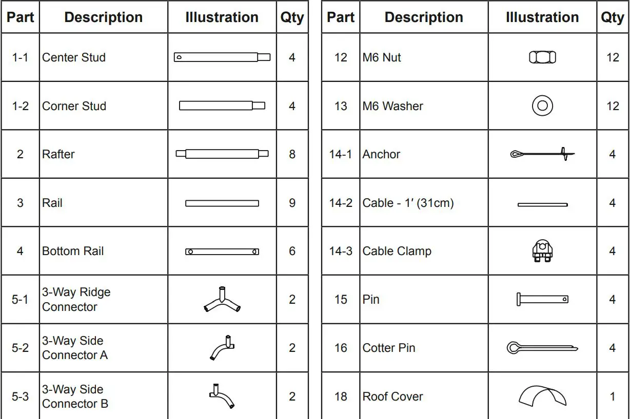 Harbor Freight COVER PRO 10FTx17FT Portable Garage 62860 Owner's Manual - Parts List