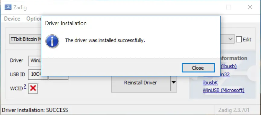 ASIC MINER TTBIT SHA256 USB Stick Miner- following message