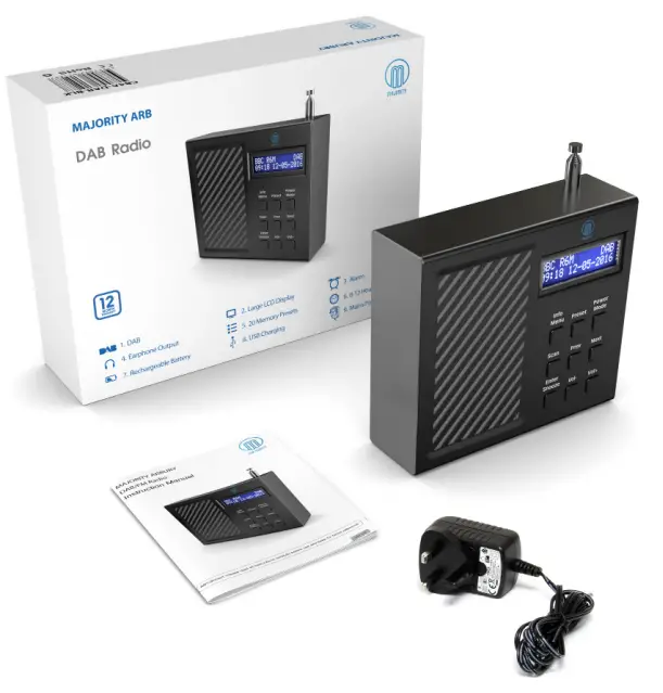 MAJORITY CB4A DAB BLK Arbury DAB and DAB Digital and FM Radio-Box Contents