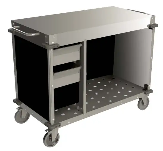 Cadco CBC-PHRX-L11 Chestnut Mobile Medium Stainless Steel Demo Sampling Cart