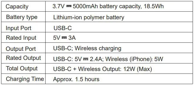 anko 43243389 Wireless Portable Charger User Manual - Specification