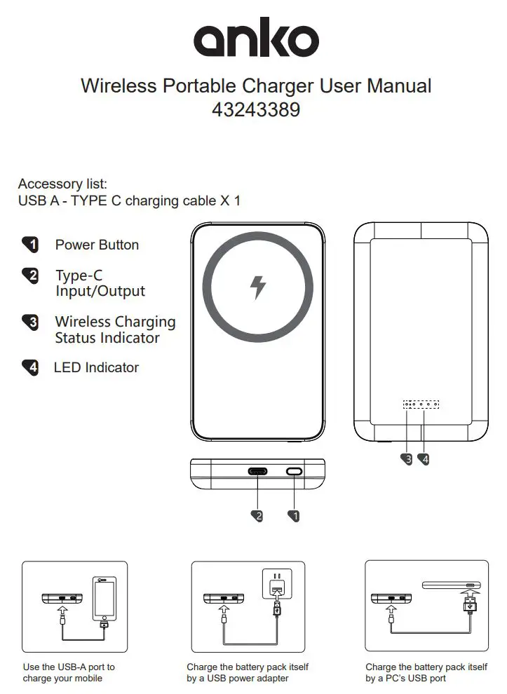 anko 43243389 Wireless Portable Charger User Manual