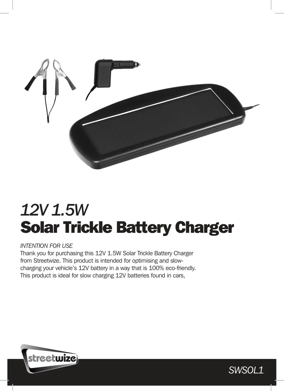 streetwize SWSOL1 12V 1.5W Solar Trickle Battery Charger Instruction Manual
