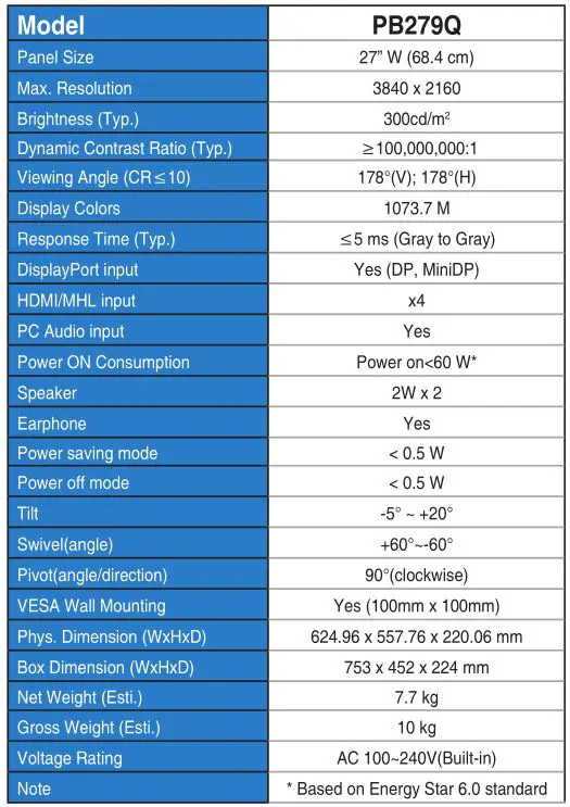 ASUS PB279 Series LCD Monitor - Specifications