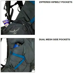 OSPREY AETHER Plus 100 Backpacking Pack-- CARZIPPERED HIPBELT POCKETS